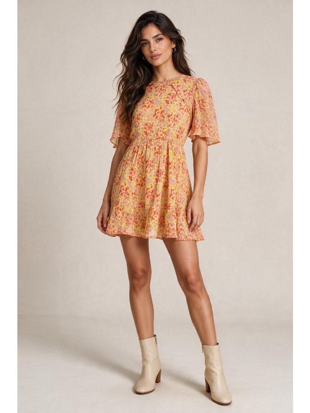 Banjanan Yellow Pink Floral Cotton Voile Mini Dress S NWT Ruffle Flutter Sleeve